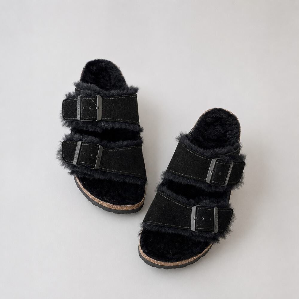 Birkenstock Arizona Shearling Sandals Unisex EU38 L7 M5 Black Plush Leather